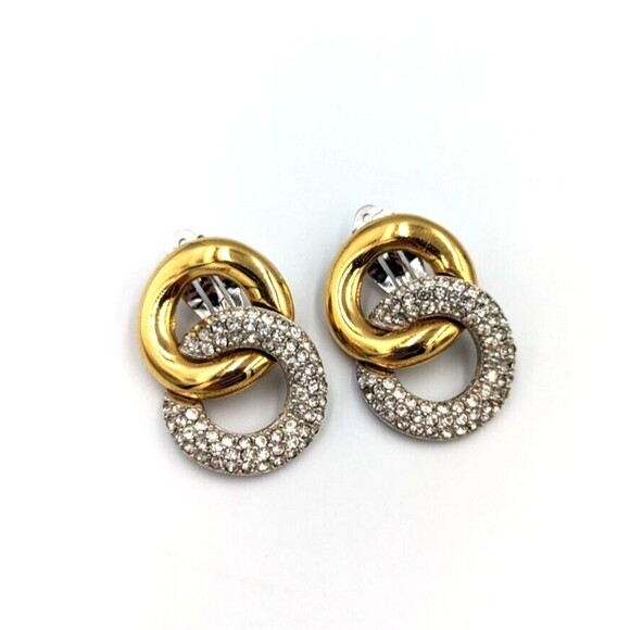 Vintage Givenchy Gold-Silver Tone Rhinestone Interlocking Links Clip On Earrings - Picture 1 of 9